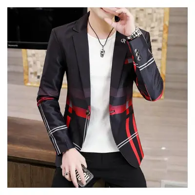 (red, M) Men Suit Jackets Spring Autumn Plaid Slim Business Formal Casual Check Blazers Office W