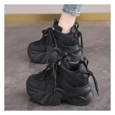 (black, 39) Women Chunky Sneakers Thick Bottom Leather Shoes High Platform Vulcanize Shoes Bling