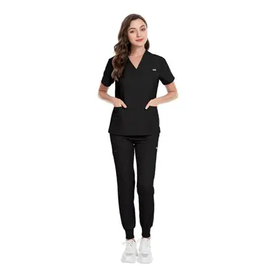 (black, XXL) Men&apos;s And Women&apos;s V-neck Short Sleeved Surgical Suit Hospital Nurse Suit 