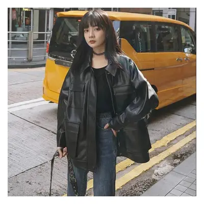 (black, XL) Autumn And Winter Leather Jacket Retro Loose Motorcycle Jacket Plus Velvet Thickenin