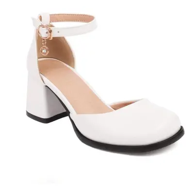 (white, 35) Women Patent Leather Ankle Strap Two-piece Pumps Square Toe Chunky High Heels Buckle