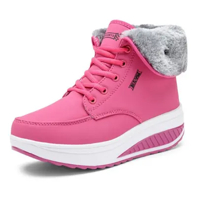 (red, 40) Women Winter Plus Velvet Snow Boots Casual Suede Lace Up Pu Warm Slope Heel Cotton Sho