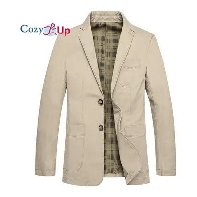 (beige, XXL) Cozy Up Men&apos;s Retro Wash Slim Two Button Denim Blazer Jacket Casual Sport Coat