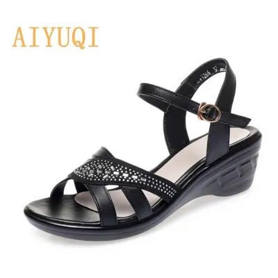 (black, 37) Women&apos;s Sandals Wedges Summer New Female Sandals Open Toe Large Size Mother Cas