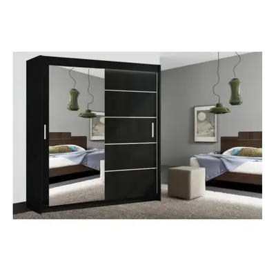 (120cm, Black) LYON Double Sliding Mirrored Wardrobe Cabinet with LED Light