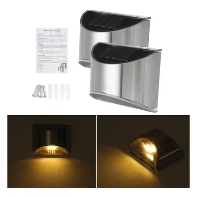 (Warm Light) 2pcs Waterproof Stainless Steel Solar Wall Lights Outdoor Fence Post Step Lights