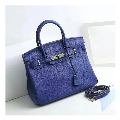 (Electro-optic blue, 35*26*19cm) Ladies Women Leather Handbag Birkin First Layer Cowhide Leather