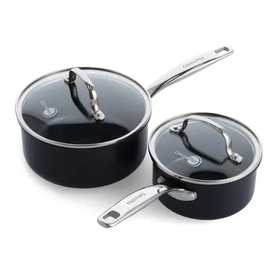 GreenPan Prime Chatham 1QT & 2QT Saucepan Pot Set with Glass Lids Hard Anodized Diamond Infused 