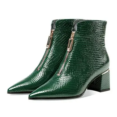 (green, 38) Meotina Real Leather High Heel Short Boots Women Fashion Boots Shoes Pointed Toe Zip