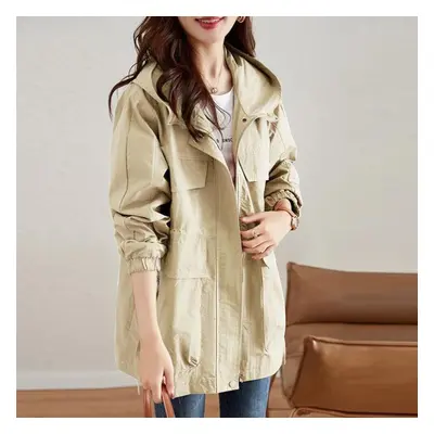 (khaki, XXXL) Fashionable Plus Size Women&apos;s Mid-length Windbreaker Coat With Hooded For Spr