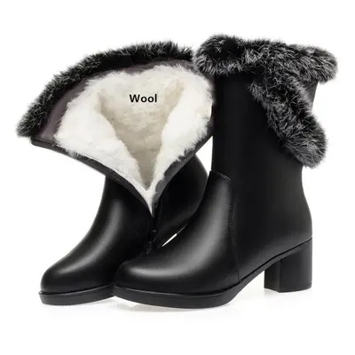 (as the picture, 39) Women Boots Winter Dress Genuine Leather High Heel Women Half Boots Wool Ra