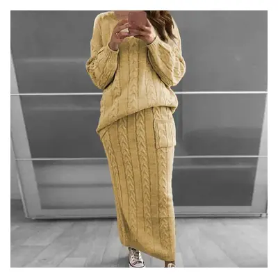 (yellow, 2XL) Women&apos;s Long Skirt Warm Winter Sleeves Autumn Pullover Floral Stitch Sweater 