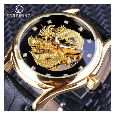 (black,gold) Forsining Chinese Dragon Design Diamond Dial Men Watch Luminous Hands Brand Luxury 