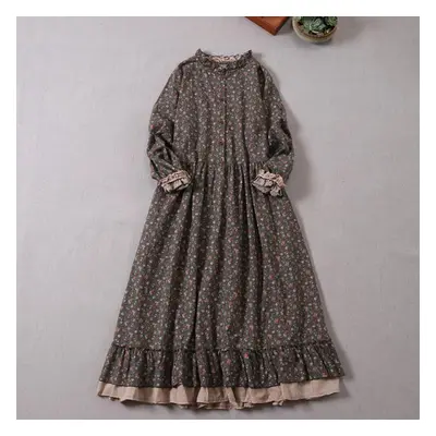 (as the picture, One Size) Mori Girl Autumn Spring Women Loose Long Dress Ruffled Collar Floral 