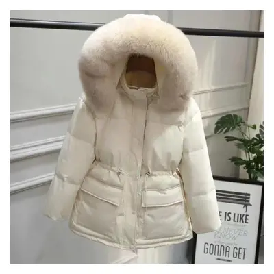 (beige, L) New Winter Women Fur Collar Parkas Jackets Fashion Hooded Thicken Warm Padded Coat Fe