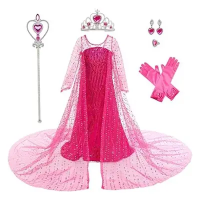 (red, 120) Princess Costume Long Cape Birthday Party Dress Up With Crown,magic Wand,wig,gloves F