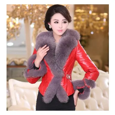 (red,dark gray, XL) Scione Faux Fox Fur Collar Leather Slim Pu Leather Women Plus Cotton Jacket 