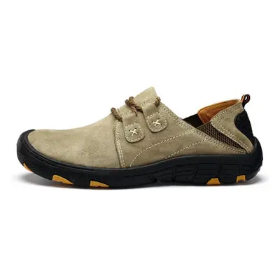 (khaki, 45) Genuine Leather Men&apos;s Hiking Shoes Casual Outdoor Trekking Walking Sneakers