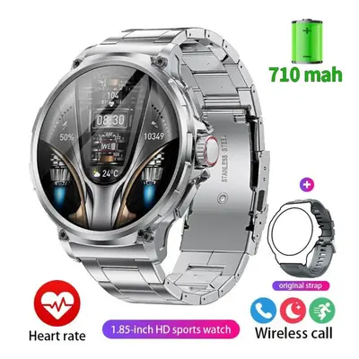 (silver, Silicone + steel) New Military Quality Gps Track Smart Watch Men 1.85"ultra Hd Bluetoot