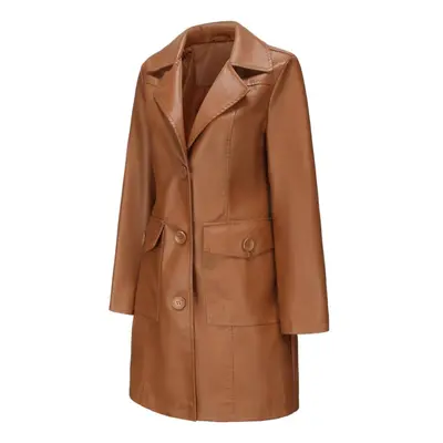 (camel, XL) Faux Leather Walking Coats Women's Long Trench Coat Single Breasted Lapel Long Sleev