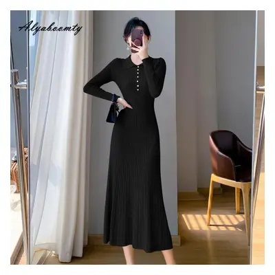 (black, One Size) French Style Autumn Winter Women Sweater Dress Turn-down Collar Black Apricot 