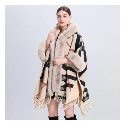 (as the picture, One Size) Winter Women&apos;s Shawl Cape Jacket Loose Plaid Padded Thickened Fu