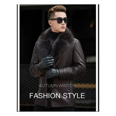 (dark brown, M) Fur Men&apos;s Raccoon Fur Collar Mid-length Thickened Fur One Men Genuine Leath