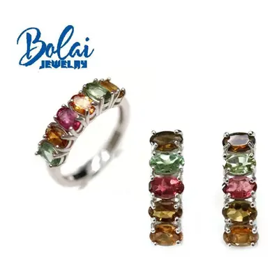 (red,green, 8#) Bolaijewelry New Natural Tourmaline Oval 3*5mm Ring Earrings Set Simple Light Lu