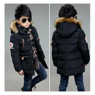 (black, 170CM) Boy Child Coats Kids Down Jacket Winter Warm Fur Collar Hooded Coat Thicken Padde