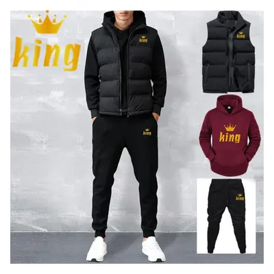 (wine red, M) Men Casual Sets Vest + Hoodies + Pants Piece Tracksuit Male Sportswear Set