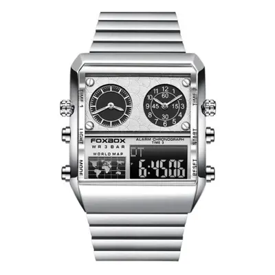 (Silver) FOXBOX New Watches For Men Luxury Brand Stainless Steel Military Wristwatch Casual Digi