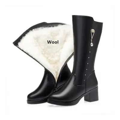 (as the picture, 38) Winter Women&apos;s Boots Shoes Genuine Leather Women Long Boots Wool Warm 