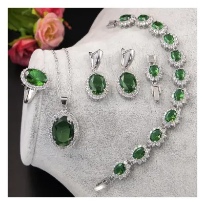 (green, 10) Ring Earrings Necklace Bracelet Silver Jewelry Set Oval Shape Zircon Gemstone Access