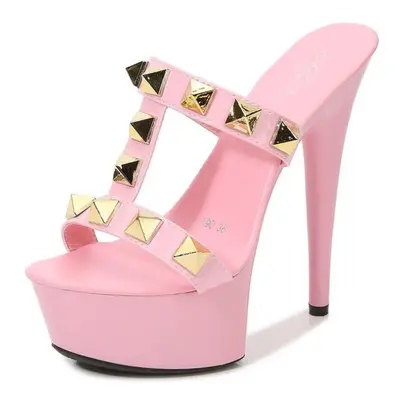 (pink, 36) Model Rivet Zipper Sandals Transparent High Heel Platform Women&apos;s Shoes