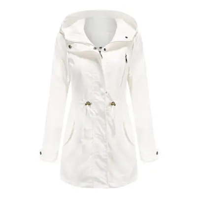 (white, 2XL) Women's Trench Coat Cotton Solid Color Hooded Zipper Windproof Long Jacket Drawstri