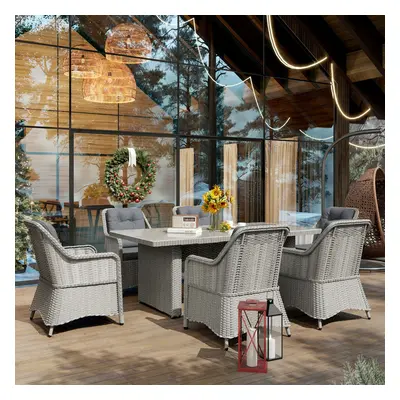 Outsunny Seater Rattan Dining Set with Glass Top Table and Cushions, Grey