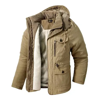 (khaki, XL) Men Warm Jacket Winter Parka Hooded Windbreaker Cotton Padded Thick Coat Male Slim F