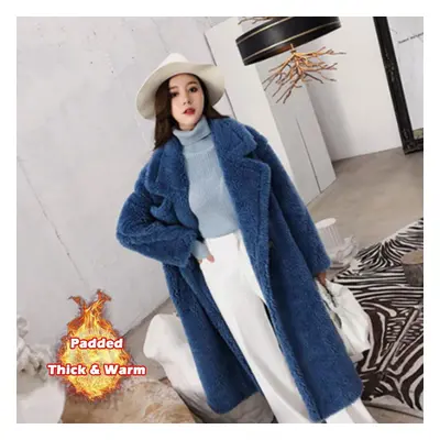 (blue, M) Faux Fur Warm Long Coat Long Sleeve Female Thick Teddy Bear Coat Casual Loose Oversize