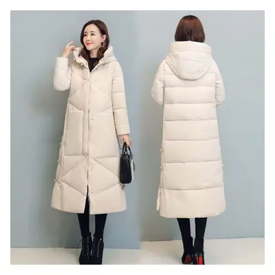 (beige, M) Women Hooded Jackets Long Outerwear Female Parkas Base Coats Women Cotton Thick Casua