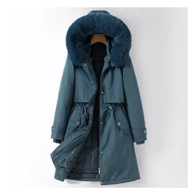 (blue, L) Autumn And Winter Women&apos;s Solid Color Hooded Waist Mid-length Detachable Liner Th