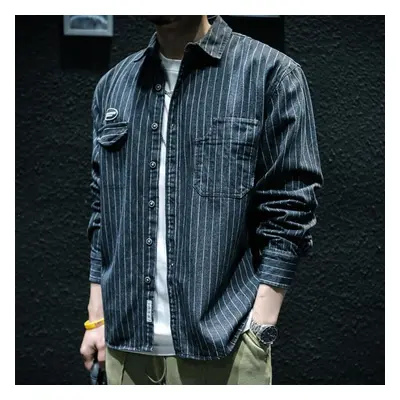 (blue, XXL) Spring And Autumn Denim Striped Long-sleeved Shirt Men Loose Tide Ins Large Size Cas