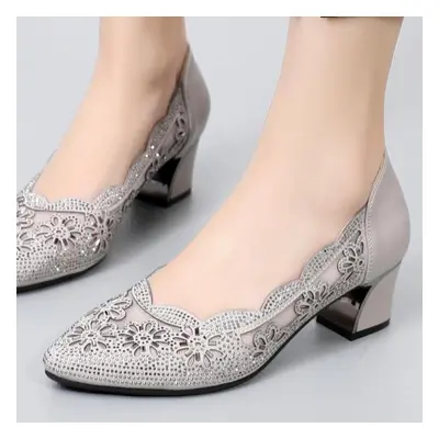 (grey, 40) Summer Fashion Hollow Out Genuine Leather Pumps Women Shoes Ladies Office Shoes