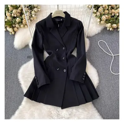 (black, XXL) Women Pleated Blazer Business Dresses New Autumn Fashion Double Breasted Trench Coa