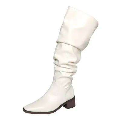 (beige, 39) Meotina Women Over-the-knee Boots Square Toe Thick Mid Heels Pleated Long Boot Ladie