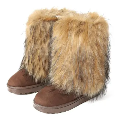 (brown, 39) Women&apos;s New Winter Fur One-piece Imitation Raccoon Fur Warm Snow Boots Furry Sh