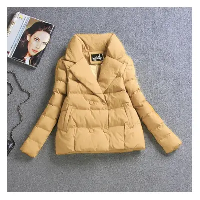 (yellow, M) Women&apos;s Short Slim Down Cotton Coat Thick Warm Coat Flip Collar Design Simple C