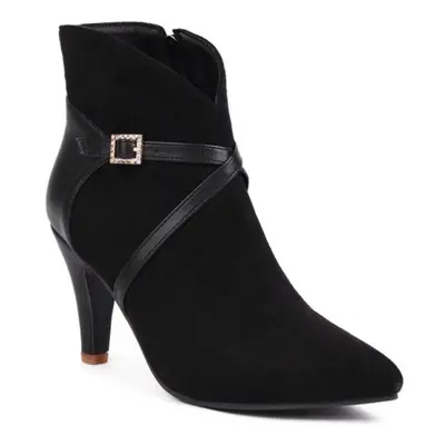 (black, 44) Women Ankle Boots Pointed Toe Thick High Heels Zipper Buckle Short Boots Ladies Fash