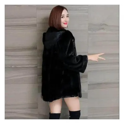 (black, XXXXL) Faux Mink Coat Women&apos;s Mid-length Autumn And Winter Thick Plus Size Hooded F