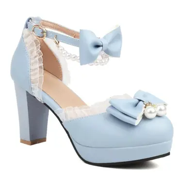 (sky blue, 33) Ankle Strap Two-piece Lolita Pump Round Toe Platform Kawaii Thick High Heel Bow B