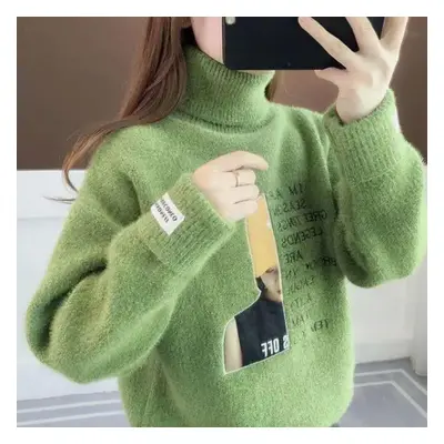 (green, S) Turtleneck Sweater Winter Faux Mink Velvet Chenille Lazy Wind Pullover Bottom Knit Sw